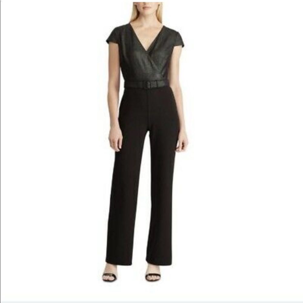 RALPH LAUREN - Womens Black Belted Glitter Wrap V Neck Jumpsuit | Size 4